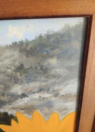 Винтажная масляная картина подсолнечника, пейзаж в раме 58×68 см. нижочка 7