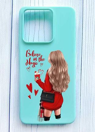 Матовый бирюзовый чехол на xiaomi redmi note 13 pro 4g девушка с кофе (принт 137)