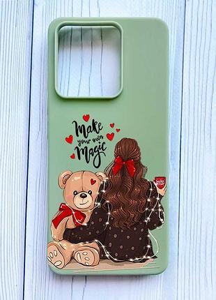 Матовый оливковый чехол на xiaomi redmi note 13 pro 4g девушка с мишкой (принт 188)