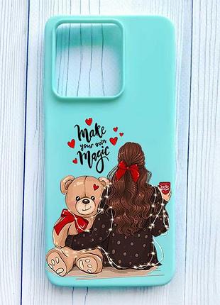 Матовый бирюзовый чехол на xiaomi redmi note 13 5g девушка с мишкой (принт 188)