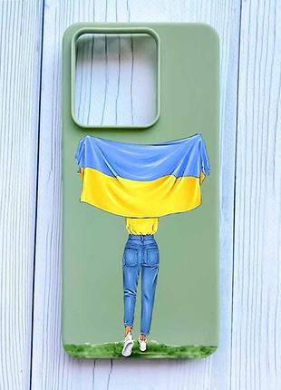 Матовый оливковый чехол на xiaomi redmi note 13 5g девушка с флагом (принт 263)