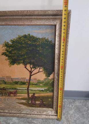 Винтажная масляная картина-пейзаж нимечки, дерево + карета, в раме 60×48 см. 2