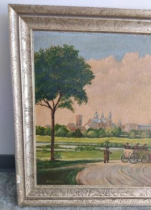 Винтажная масляная картина-пейзаж нимечки, дерево + карета, в раме 60×48 см. 7
