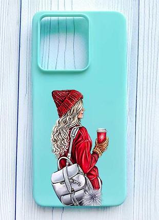 Матовый бирюзовый чехол на xiaomi redmi note 13 4g девушка с рюкзаком (принт 9)