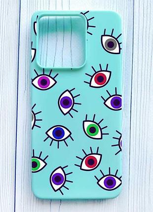 Матовый бирюзовый чехол на xiaomi redmi note 13 pro 4g разноцветные глаза (принт 336)