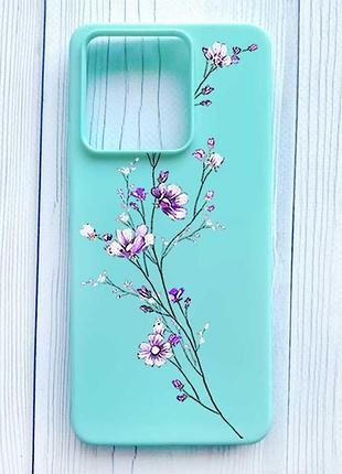 Матовый бирюзовый чехол на xiaomi redmi note 13 pro 5g веточка цветов (принт 278)