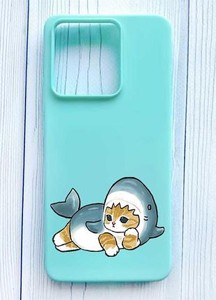 Матовий бірюзовий чохол на xiaomi redmi note 13 5g котик акула (принт 355)