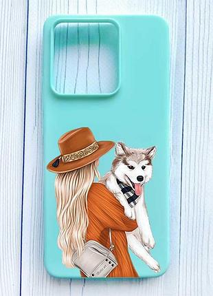 Матовый бирюзовый чехол на xiaomi redmi note 13 4g девушка с собачкой (принт 115)