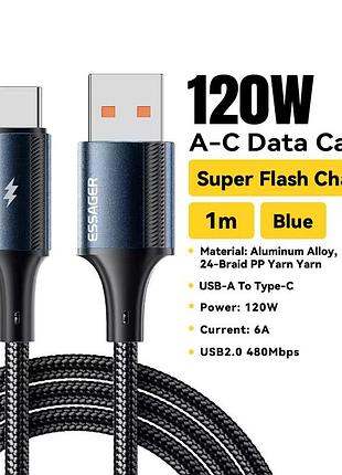 Essager 6a usb type-c – швидкісний зарядний кабель 120w синій
