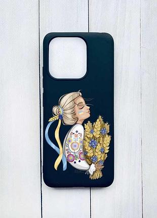Матовый черный чехол на xiaomi redmi note 13 pro 4g украинка с колосками (принт 173)