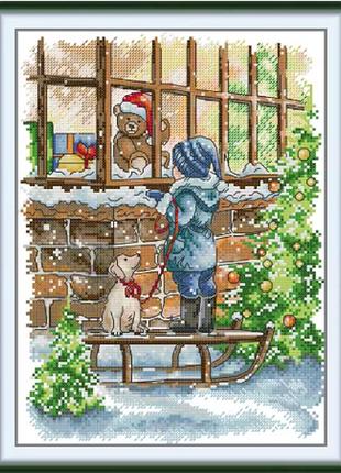 Набір для вишивання за нанесеною на канву схемою "new year christmas window display".aida 14ct printed , 26*33 см