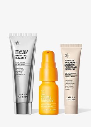 Набор бестселлеров allies of skin daily firming trio skincare kit molecular silk peptides & antioxidants 20% vitamin c brighten 2