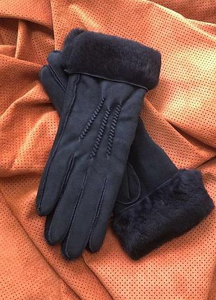 Перчатки женские из натурального кролика. цвет синий 7"/19 см