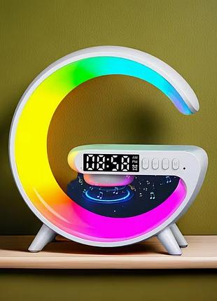 Настольная led лампа аккумуляторная с часами будильником беспроводной зарядкой g63