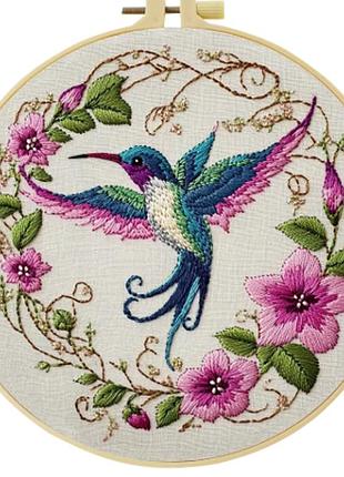 Набор для вышивания гладью по нанесённому на канву контуру "beautiful bird hummingbird " з обручом. льон, 20*20 см