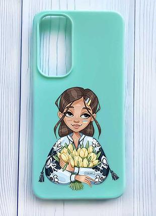 Матовый бирюзовый чехол на samsung galaxy a35 (a356) девушка с тюльпанами (принт 22)