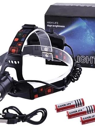 Фонарь налобный xq-218-hp50, зу micro usb, 3x18650, power bank, signal light, zoom (120 шт/ящ)