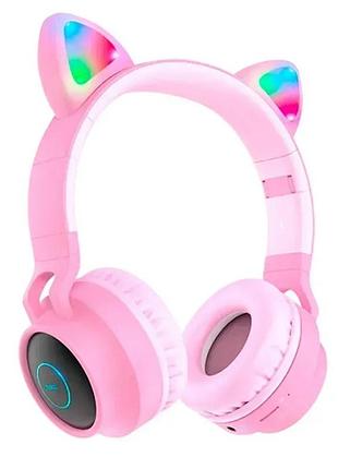 Навушники bluetooth бездротові hoco w27 cat ear накладні з мікрофоном, підсвіткою та слотом під карту пам'яті pink