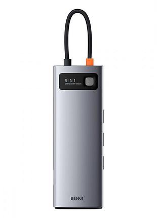 Usb-хаб baseus metal gleam series 9-in-1 (3xusb3.0 + 4khd+ tf + sd + type-c pd + vga + rj45) gray
