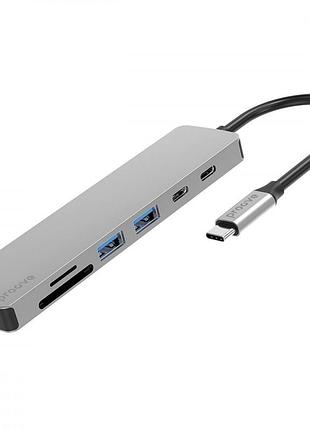 Type-c-хаб proove iron link 7 in 1 (2*type-c + 2*usb3.0 + hdmi + sd/tf) silver