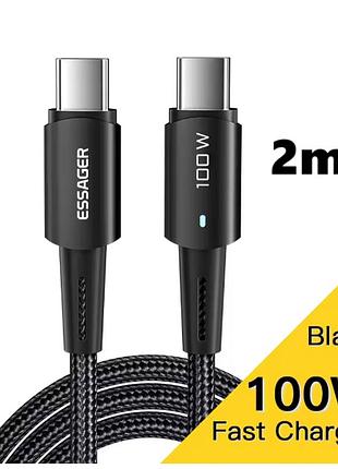 Кабель провід essager 2 метри type-c (usb-c) type c pd 100w чорного кольору