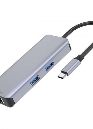 Type-c-хаб proove iron link 6 in 1 (2*usb3.0 + sd/tf + rj45 + hdmi) silver