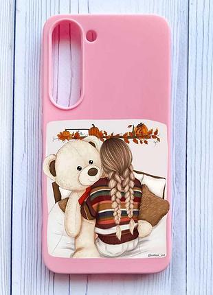 Матовый розовый чехол на samsung galaxy s23 девочка с мишкой (принт 117)