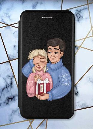Чехол-книжка черный с рисунком на samsung galaxy m34 5g подарок счастье (принт 180)