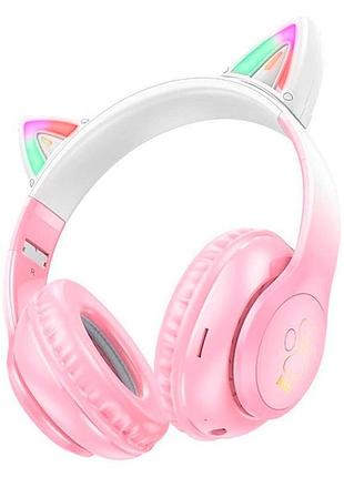 Навушники bluetooth бездротові hoco w42 cat ear накладні з мікрофоном, підсвіткою та слотом під карту пам'яті pink