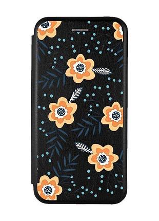 Чехол-книжка черный с рисунком на samsung galaxy m34 5g цветы оранжевые (принт 268)