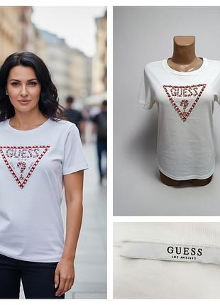 519. guess, біла бавовняна футболка оздоблена стразами у фірмовому стилі