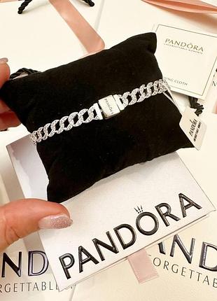 Срібний браслет пандора "кубинське плетіння з паве" pandora, браслет на руку пандора з камінцями 925 проба з логотипом сяюче паве