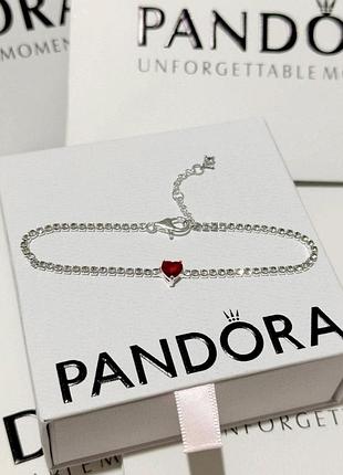 Срібний браслет пандора "червоне серце" тенісне плетіння pandora браслет на руку красное сердце 925 проба