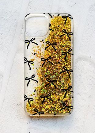 Чехол с плавающими золотыми блестками на iphone 14 бантики (принт 405)