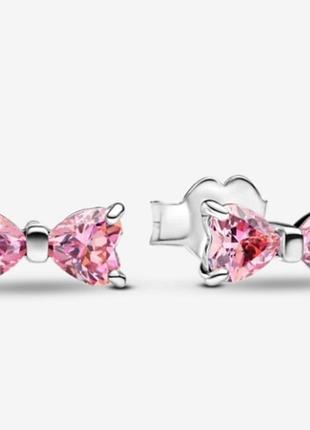 Срібні сережки пандора "рожевий блискучий бант" pandora, 925 проба, бантик серьги кульчики гвіздочки