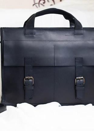 Женская кожаная сумка для ноутбука и документов чёрная 38×28×12 см с плечевым ремнём, деловая сумка