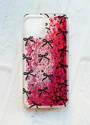 Чехол с плавающими розовыми блестками на iphone 14 бантики (принт 405)