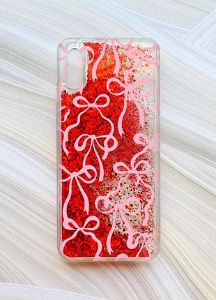 Чехол с плавающими красными блестками на xiaomi redmi 9a бантики (принт 406)