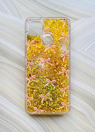 Чехол с плавающими золотыми блестками на xiaomi redmi 9c/10a бантики (принт 404)