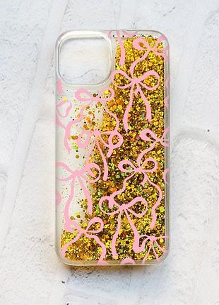 Чехол с плавающими золотыми блестками на iphone 14 бантики (принт 406)