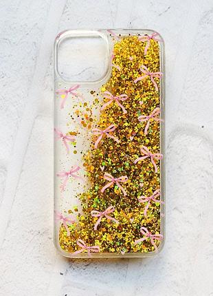 Чехол с плавающими золотыми блестками на iphone 14 бантики (принт 404)