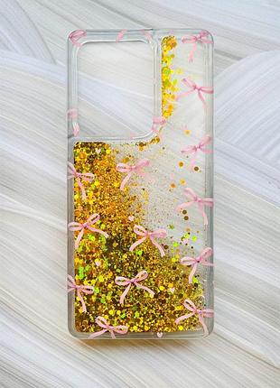 Чехол с плавающими золотыми блестками на xiaomi redmi note 13 pro 4g бантики (принт 404)