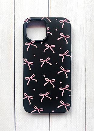 Матовый черный чехол на iphone 15 бантики (принт 404)