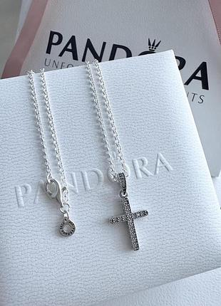 Ланцюжок + намистина пандора "хрестик із серцями" pandora підвіска подвеска цепочка крест хрест срібне намисто