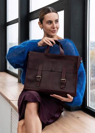 Женская кожаная сумка для ноутбука и документов красная 38×28×12 см с плечевым ремнём, деловая сумка