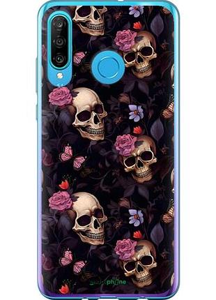 Чехол на huawei p30 lite черепа и розы хуавей п30 лайт