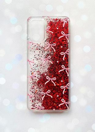 Чохол з плаваючими червоними блискітками на samsung galaxy a02s бантики (принт 404)