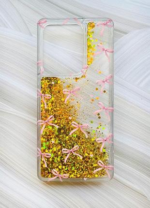 Чехол с плавающими золотыми блестками на xiaomi redmi 13c/poco c65 бантики (принт 404)