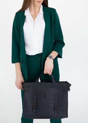 Женская кожаная сумка для ноутбука и документов серая 38×28×12 см с плечевым ремнём, деловая сумка