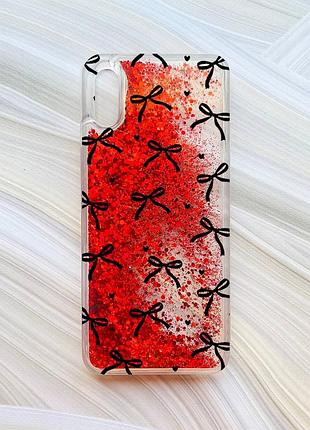 Чехол с плавающими красными блестками на xiaomi redmi 9a бантики (принт 405)